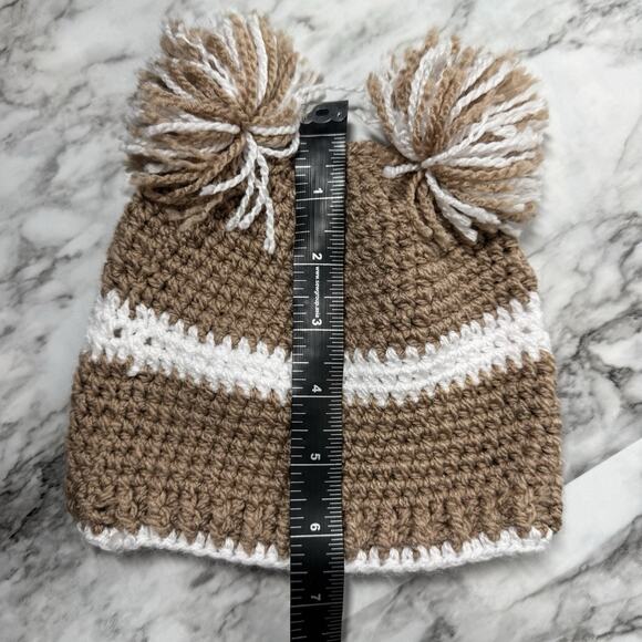 Baby Toddler Knitted Hat Beanie with Knit Double Pom Pom Tan White Unisex 6-18 m - Picture 3 of 3